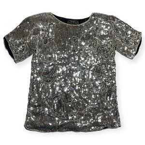 Vintage 80s Jean for Joseph Le Bon Sequin Beaded Silk Blouse Small Silver Black